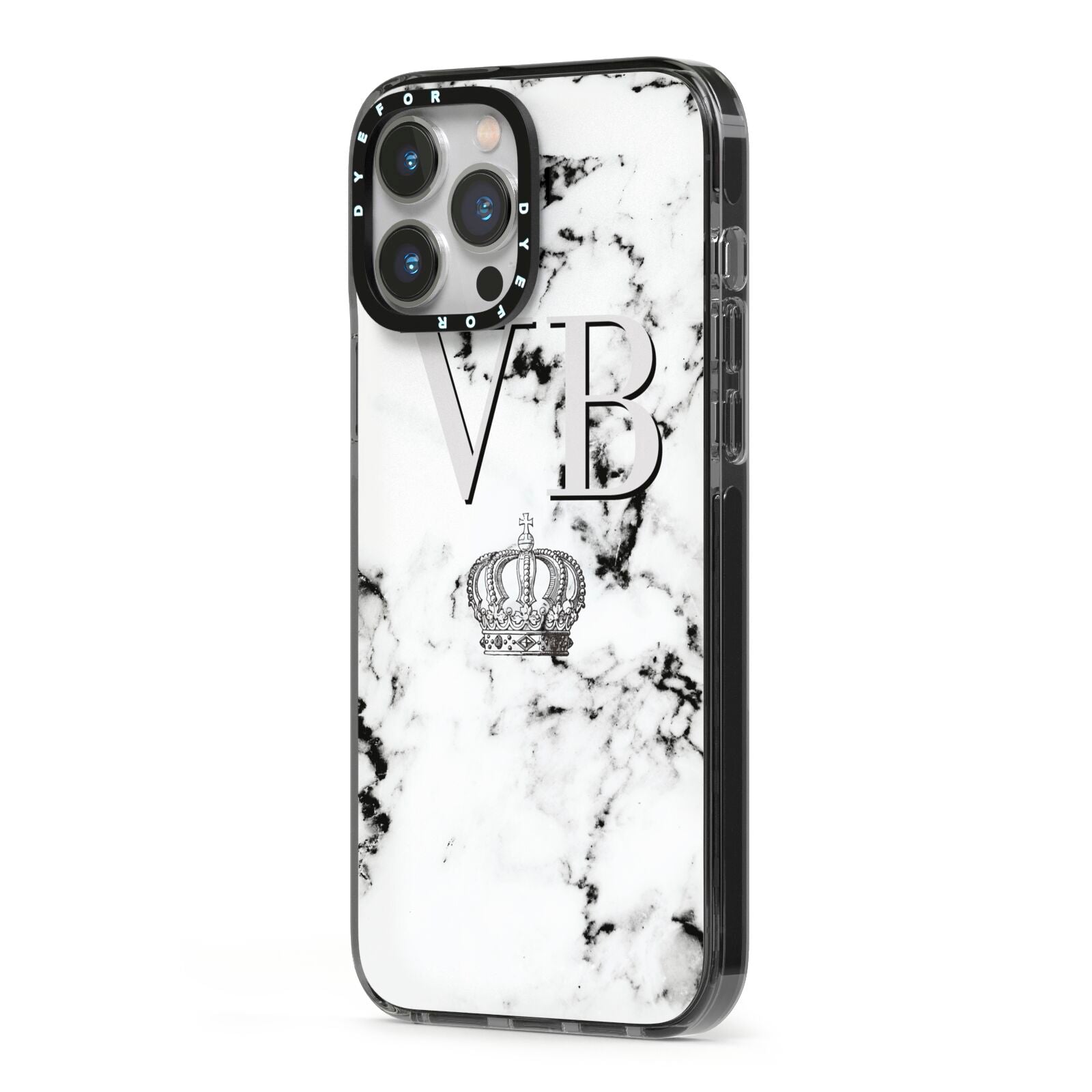 Personalised Crown Marble Initialed Grey iPhone 13 Pro Max Black Impact Case Side Angle on Silver phone