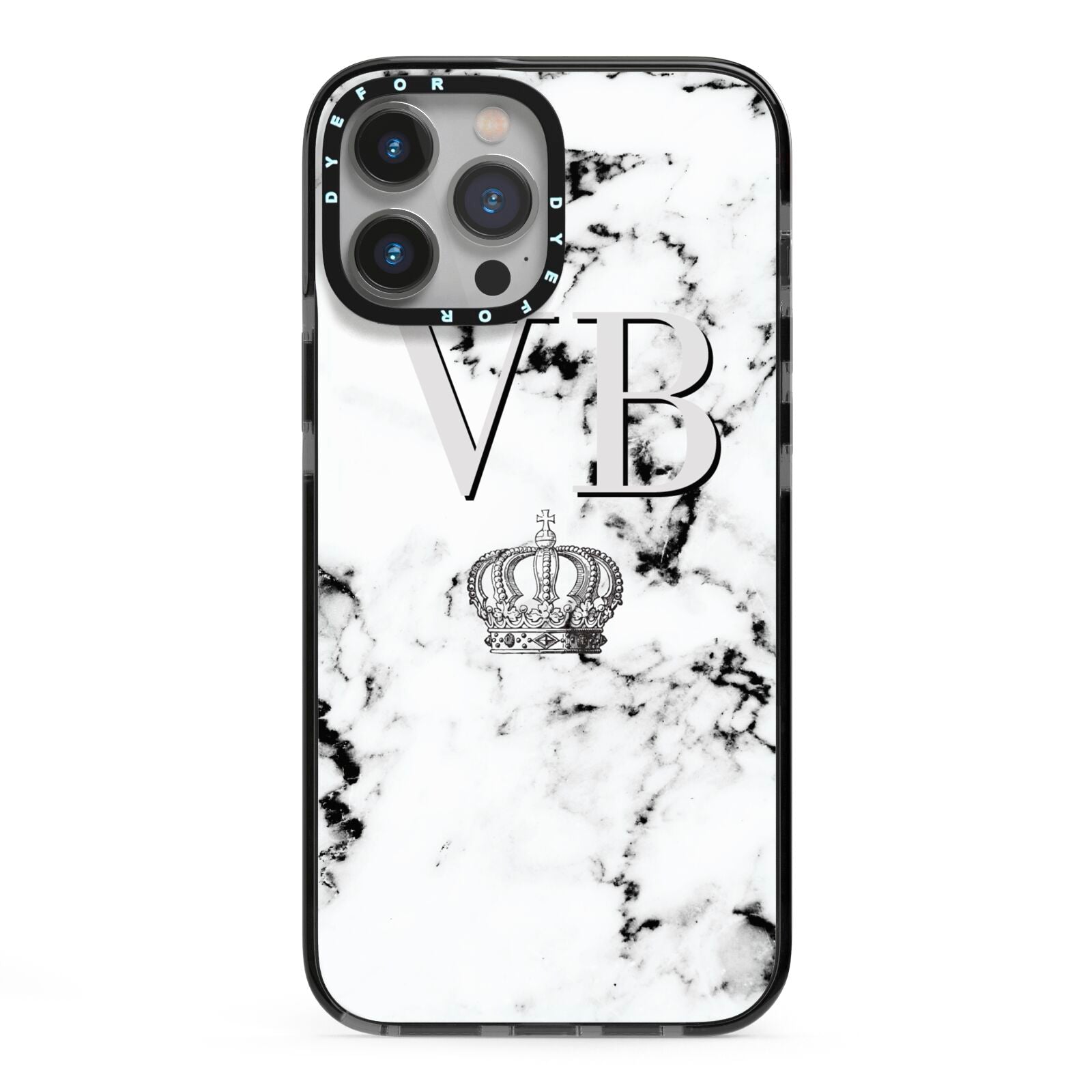 Personalised Crown Marble Initialed Grey iPhone 13 Pro Max Black Impact Case on Silver phone