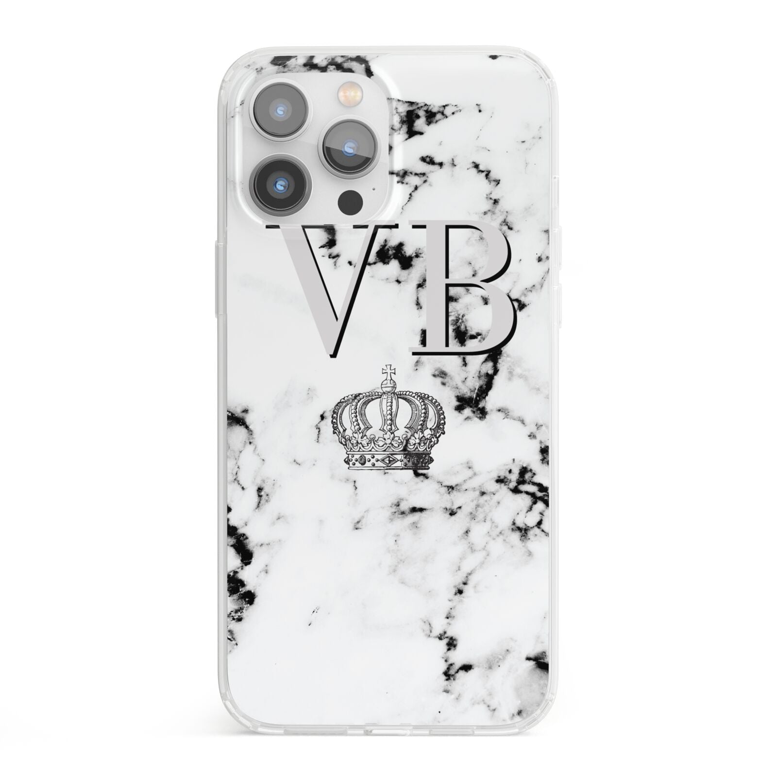 Personalised Crown Marble Initialed Grey iPhone 13 Pro Max Clear Bumper Case