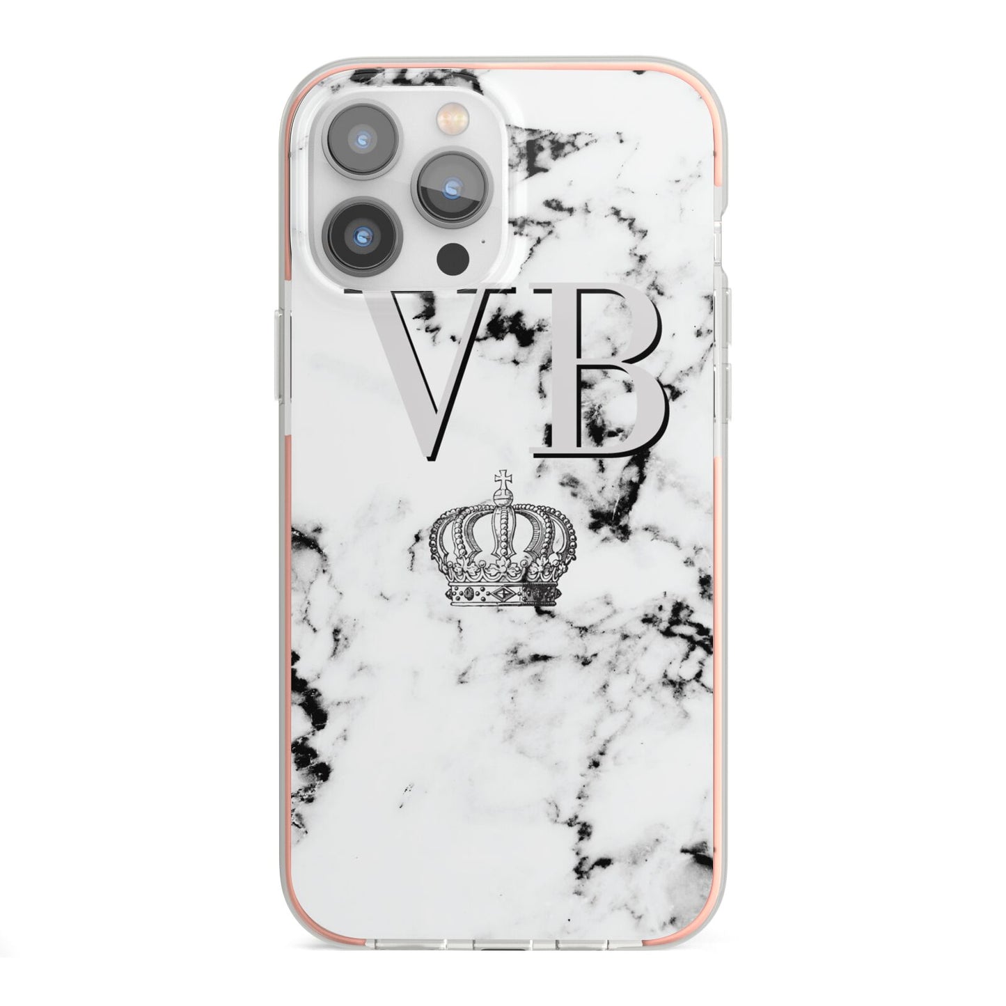 Personalised Crown Marble Initialed Grey iPhone 13 Pro Max TPU Impact Case with Pink Edges