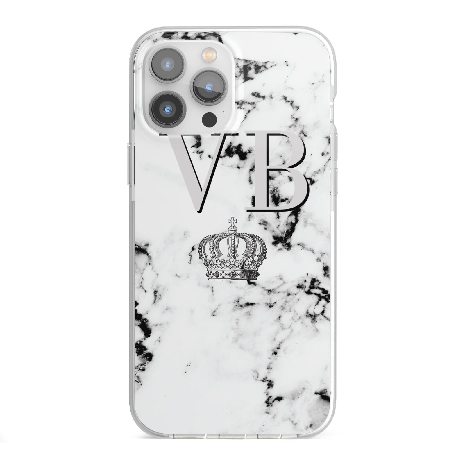 Personalised Crown Marble Initialed Grey iPhone 13 Pro Max TPU Impact Case with White Edges