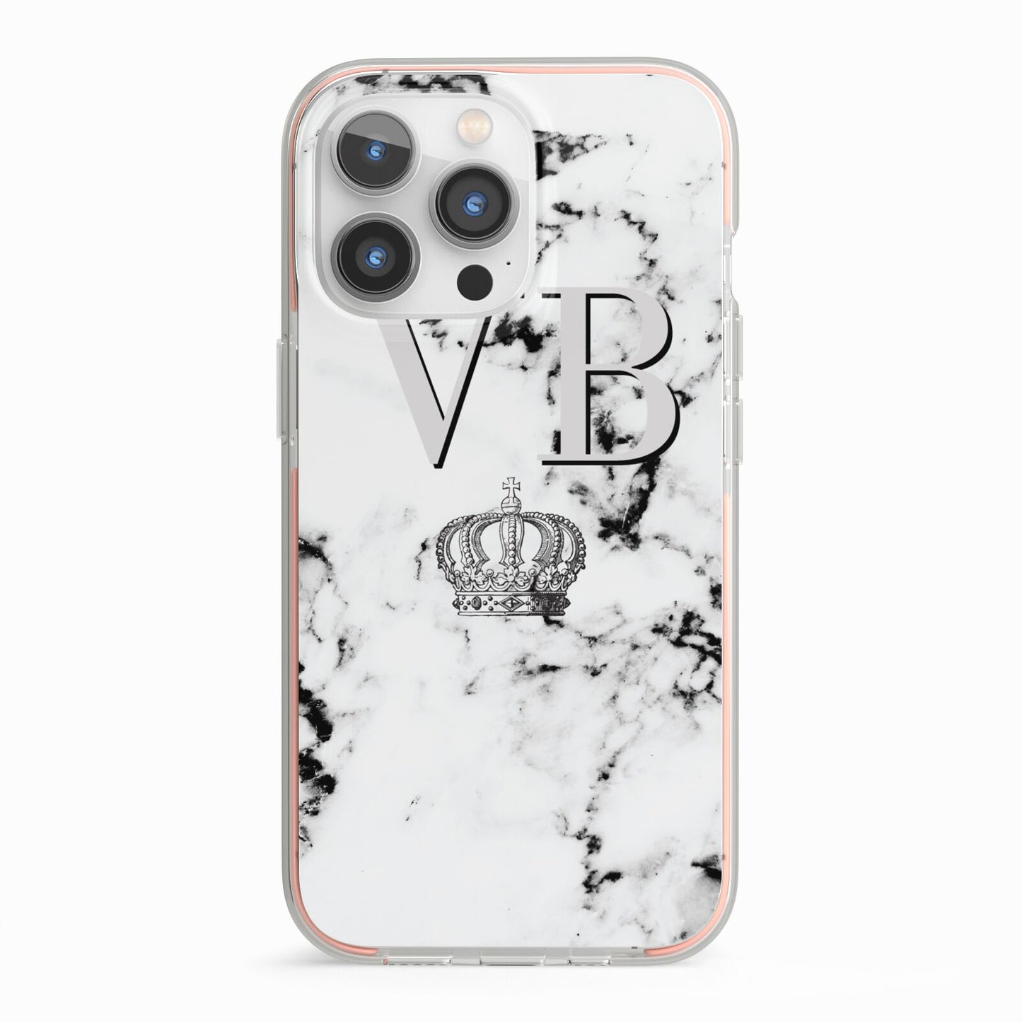 Personalised Crown Marble Initialed Grey iPhone 13 Pro TPU Impact Case with Pink Edges