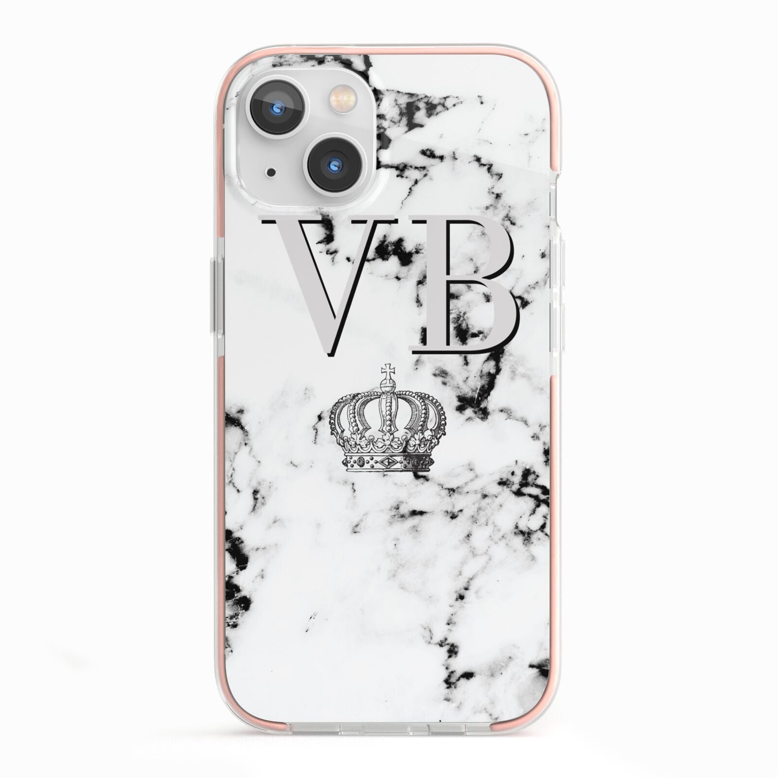 Personalised Crown Marble Initialed Grey iPhone 13 TPU Impact Case with Pink Edges