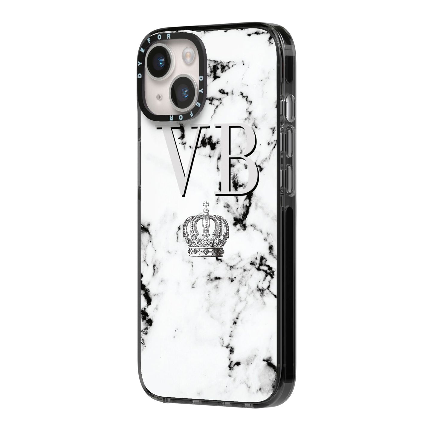 Personalised Crown Marble Initialed Grey iPhone 14 Black Impact Case Side Angle on Silver phone