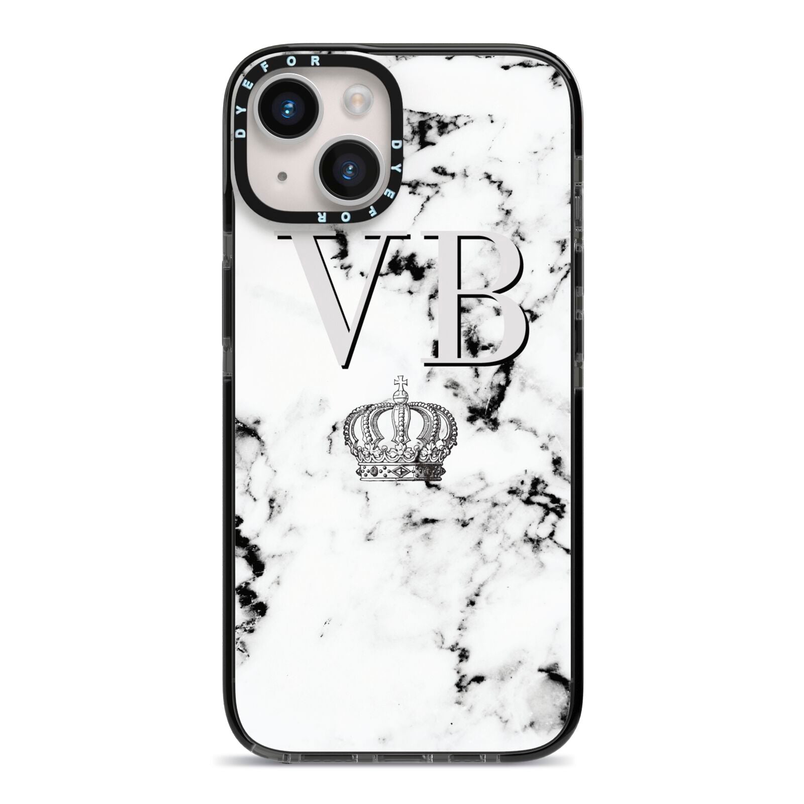 Personalised Crown Marble Initialed Grey iPhone 14 Black Impact Case on Silver phone