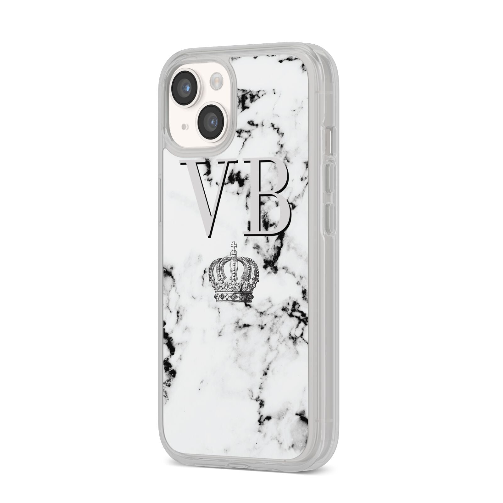 Personalised Crown Marble Initialed Grey iPhone 14 Clear Tough Case Starlight Angled Image