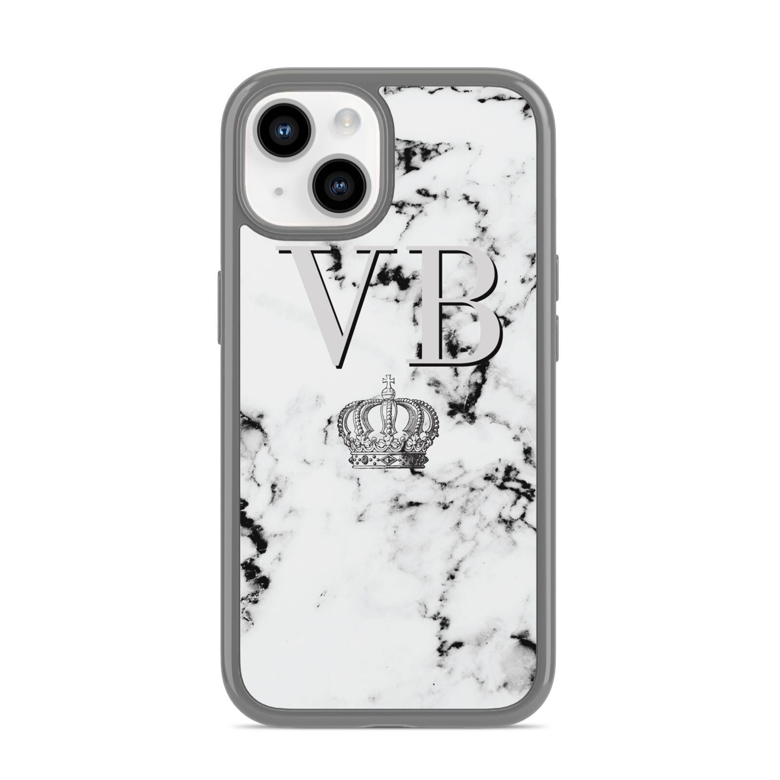 Personalised Crown Marble Initialed Grey iPhone 14 Clear Tough Case Starlight