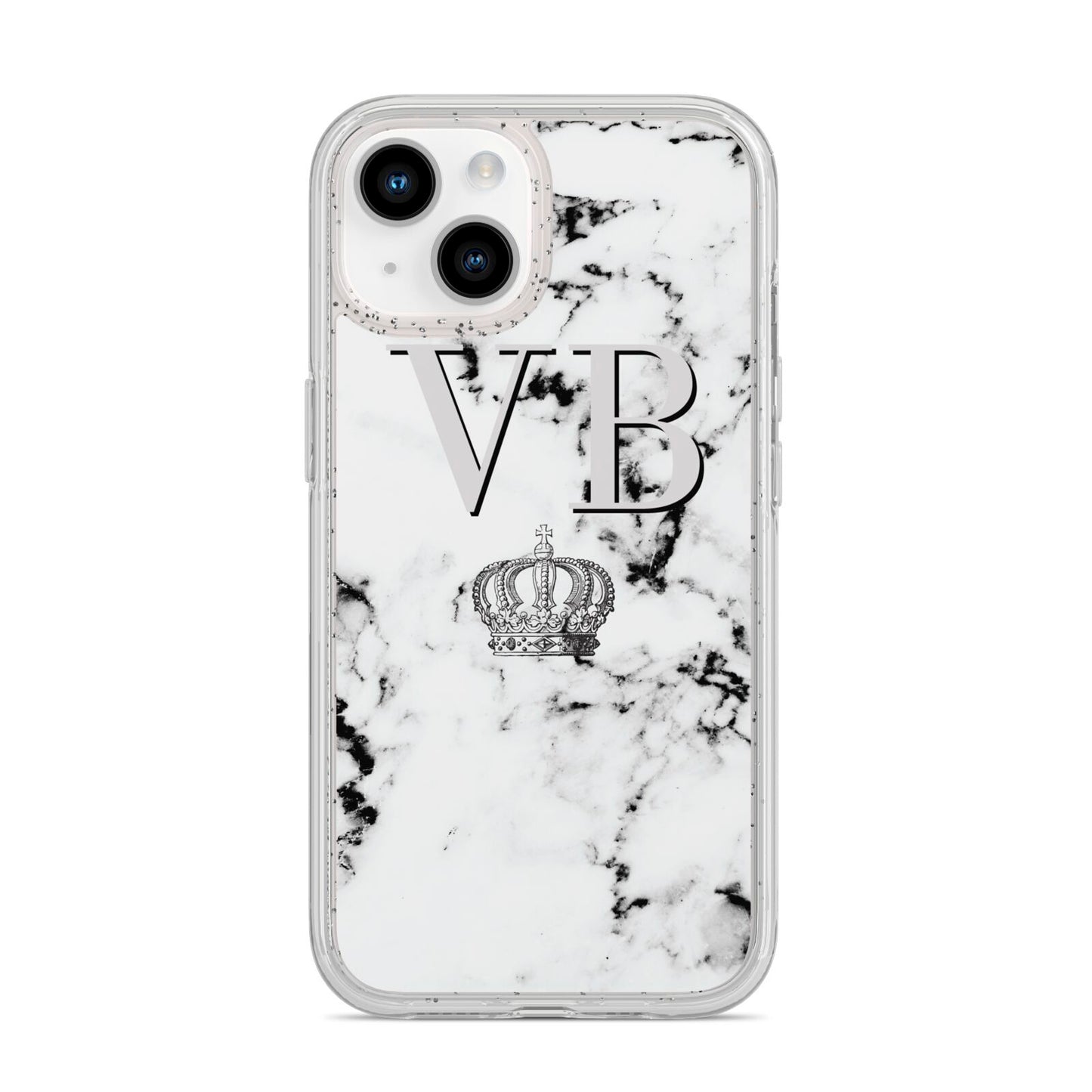 Personalised Crown Marble Initialed Grey iPhone 14 Glitter Tough Case Starlight