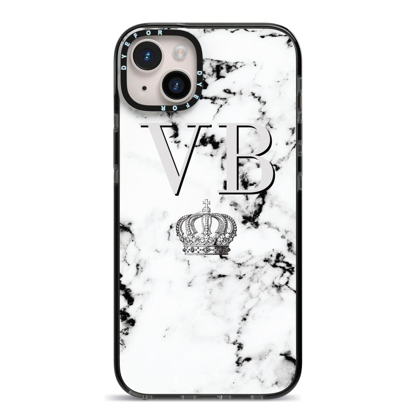 Personalised Crown Marble Initialed Grey iPhone 14 Plus Black Impact Case on Silver phone