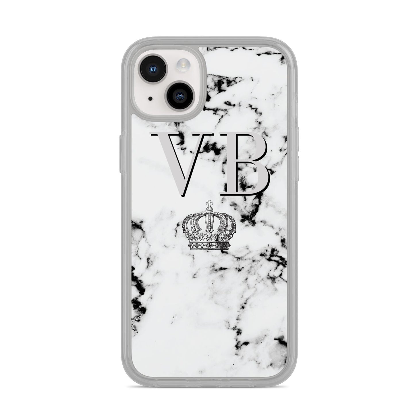 Personalised Crown Marble Initialed Grey iPhone 14 Plus Clear Tough Case Starlight