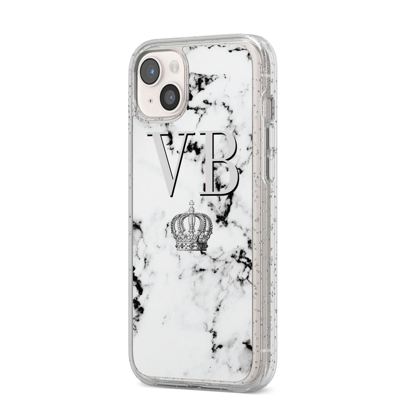 Personalised Crown Marble Initialed Grey iPhone 14 Plus Glitter Tough Case Starlight Angled Image
