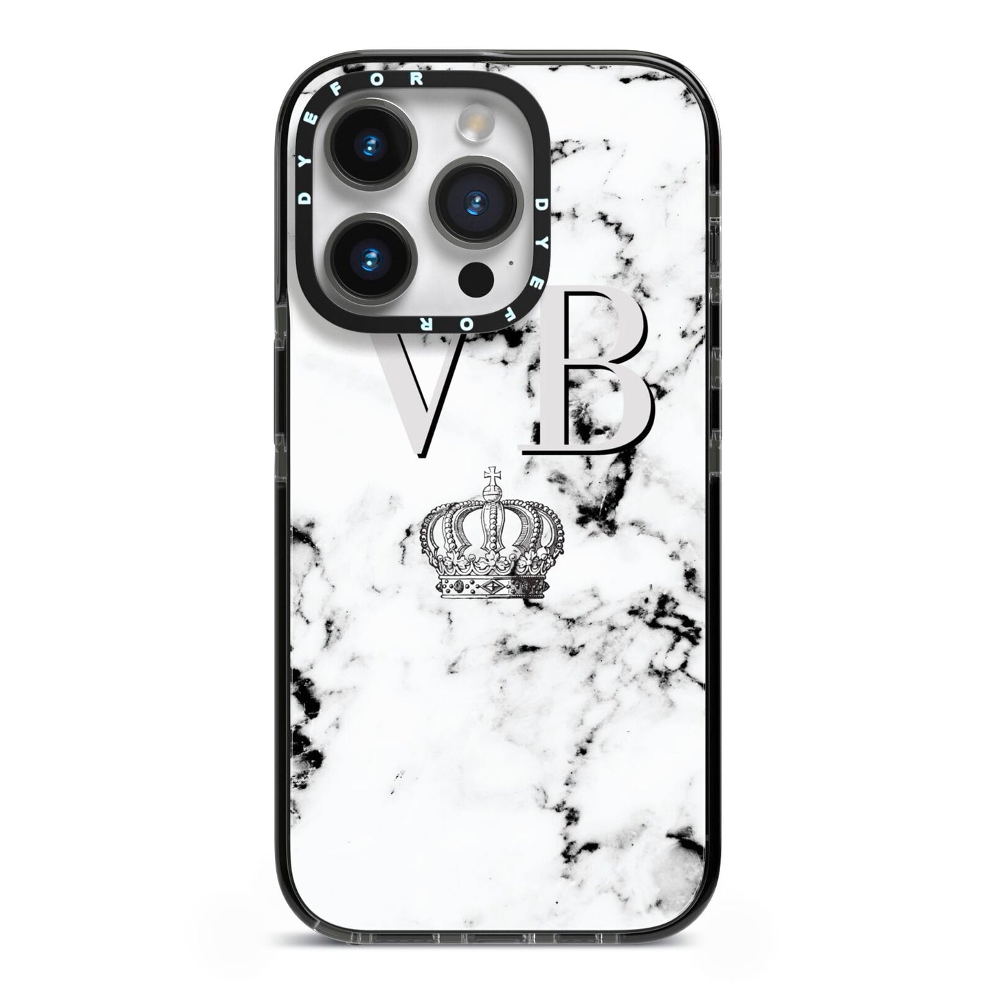 Personalised Crown Marble Initialed Grey iPhone 14 Pro Black Impact Case on Silver phone