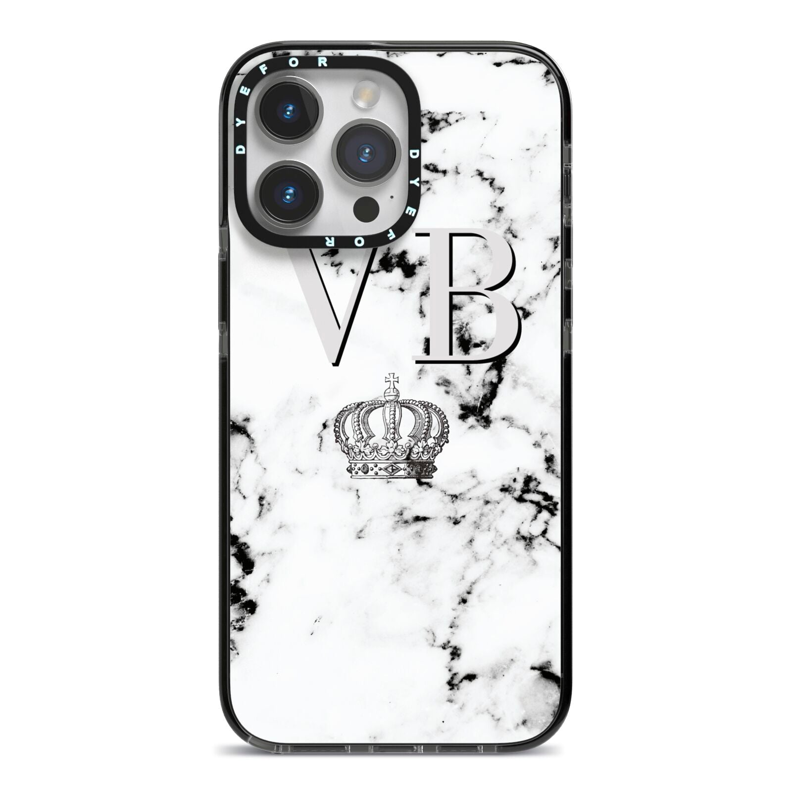 Personalised Crown Marble Initialed Grey iPhone 14 Pro Max Black Impact Case on Silver phone