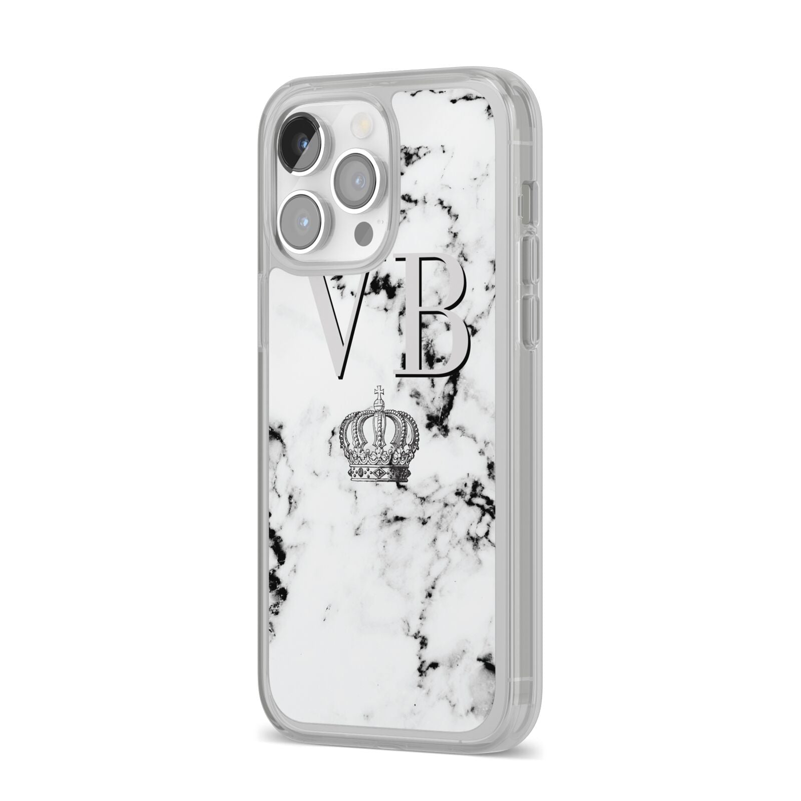 Personalised Crown Marble Initialed Grey iPhone 14 Pro Max Clear Tough Case Silver Angled Image
