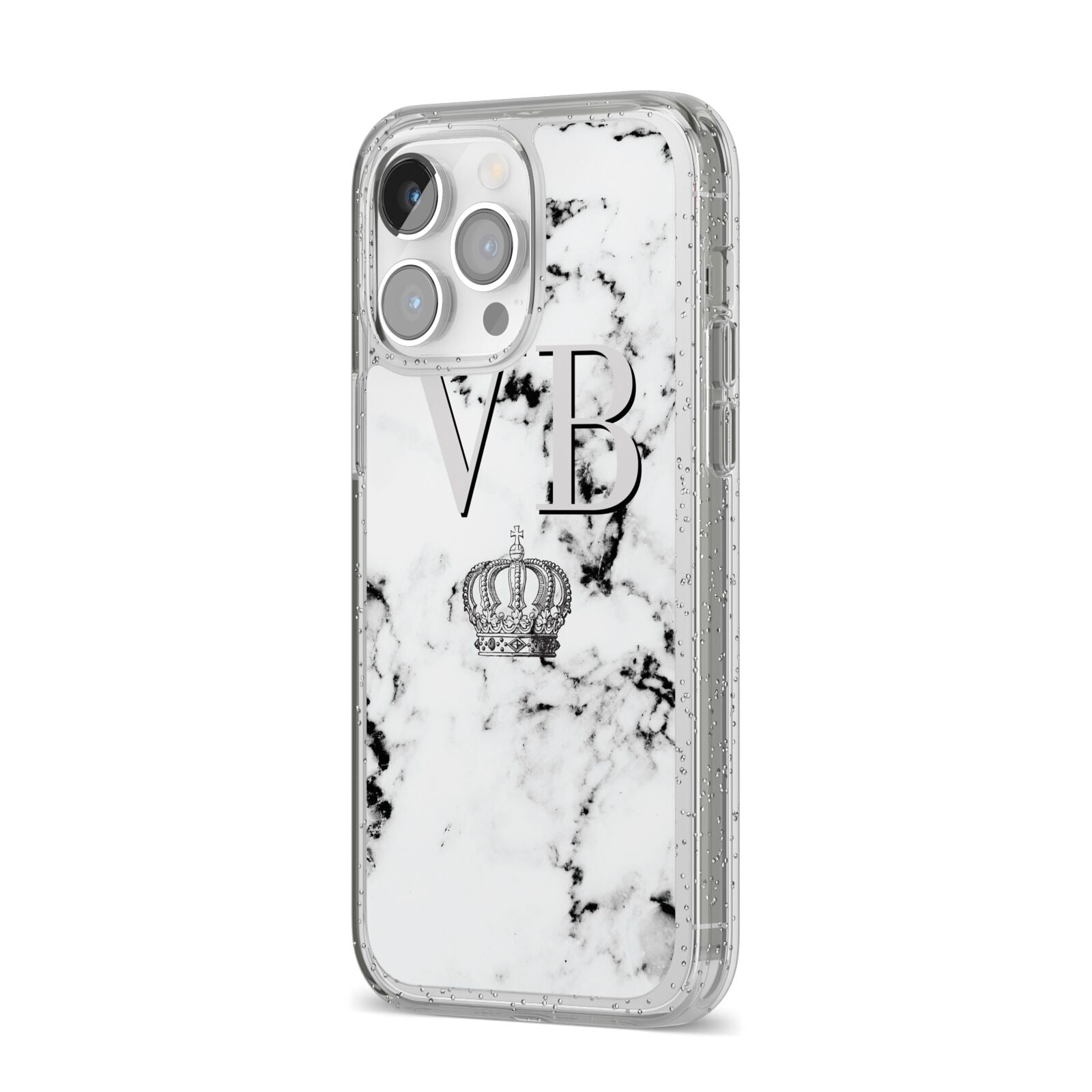 Personalised Crown Marble Initialed Grey iPhone 14 Pro Max Glitter Tough Case Silver Angled Image