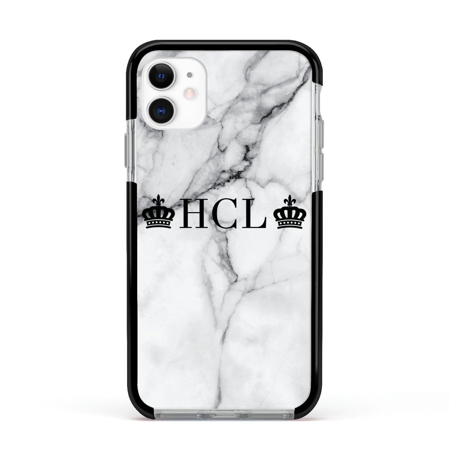 Personalised Crowns Marble Initials Apple iPhone 11 in White with Black Impact Case