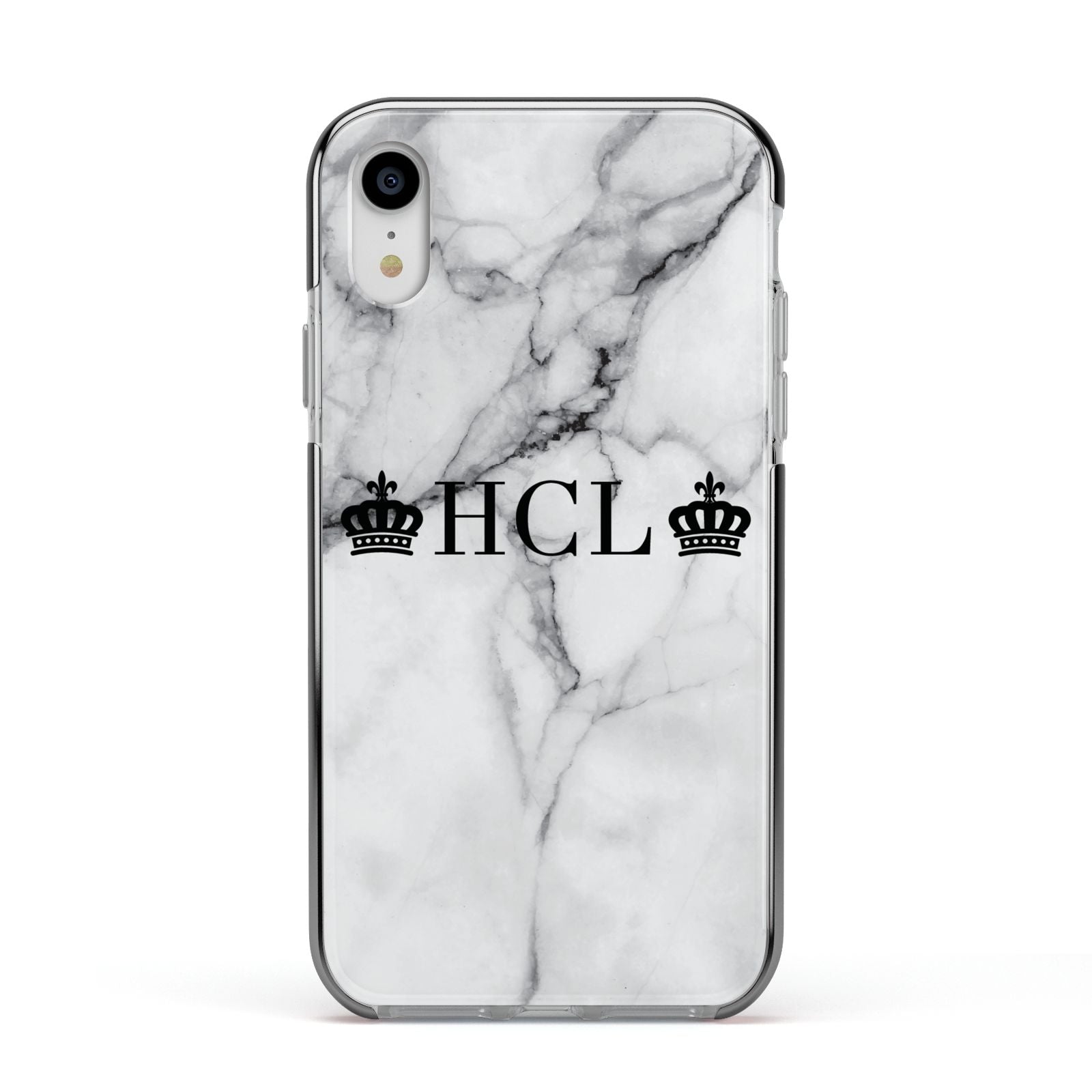 Personalised Crowns Marble Initials Apple iPhone XR Impact Case Black Edge on Silver Phone