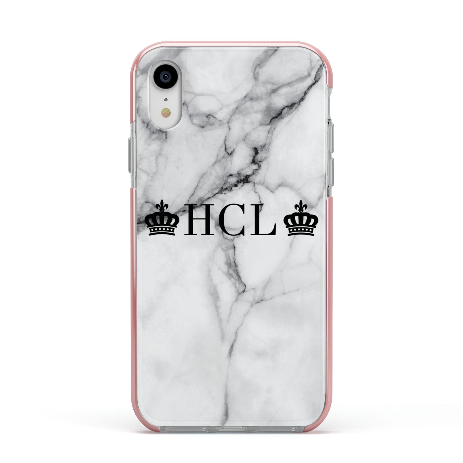 Personalised Crowns Marble Initials Apple iPhone XR Impact Case Pink Edge on Silver Phone