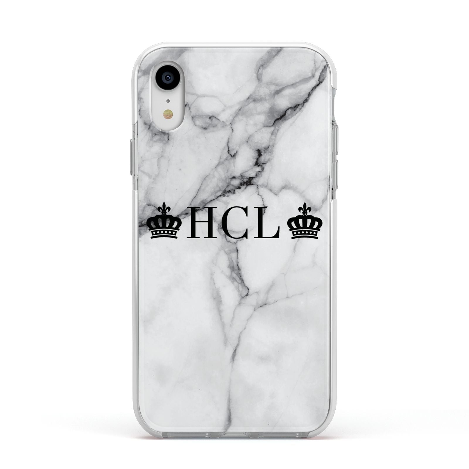 Personalised Crowns Marble Initials Apple iPhone XR Impact Case White Edge on Silver Phone