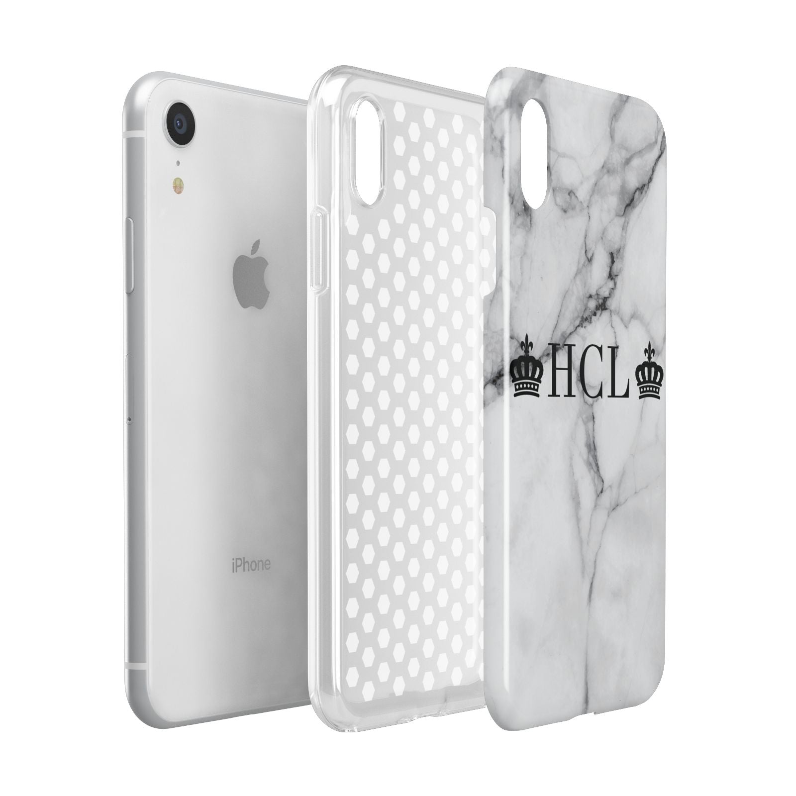 Personalised Crowns Marble Initials Apple iPhone XR White 3D Tough Case Expanded view