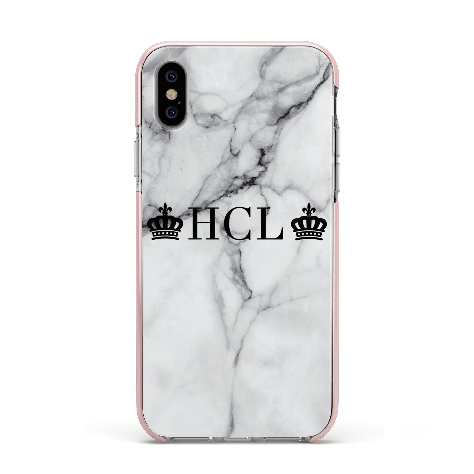 Personalised Crowns Marble Initials Apple iPhone Xs Impact Case Pink Edge on Silver Phone
