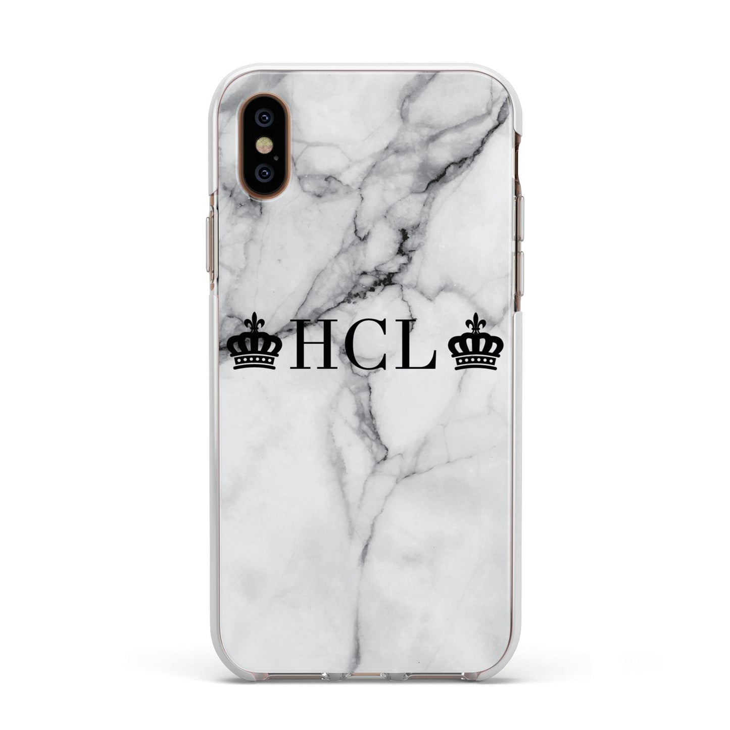Personalised Crowns Marble Initials Apple iPhone Xs Impact Case White Edge on Gold Phone