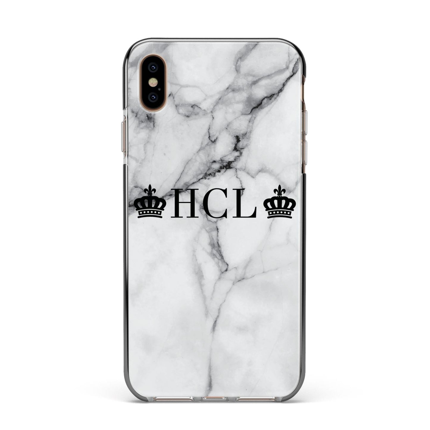 Personalised Crowns Marble Initials Apple iPhone Xs Max Impact Case Black Edge on Gold Phone