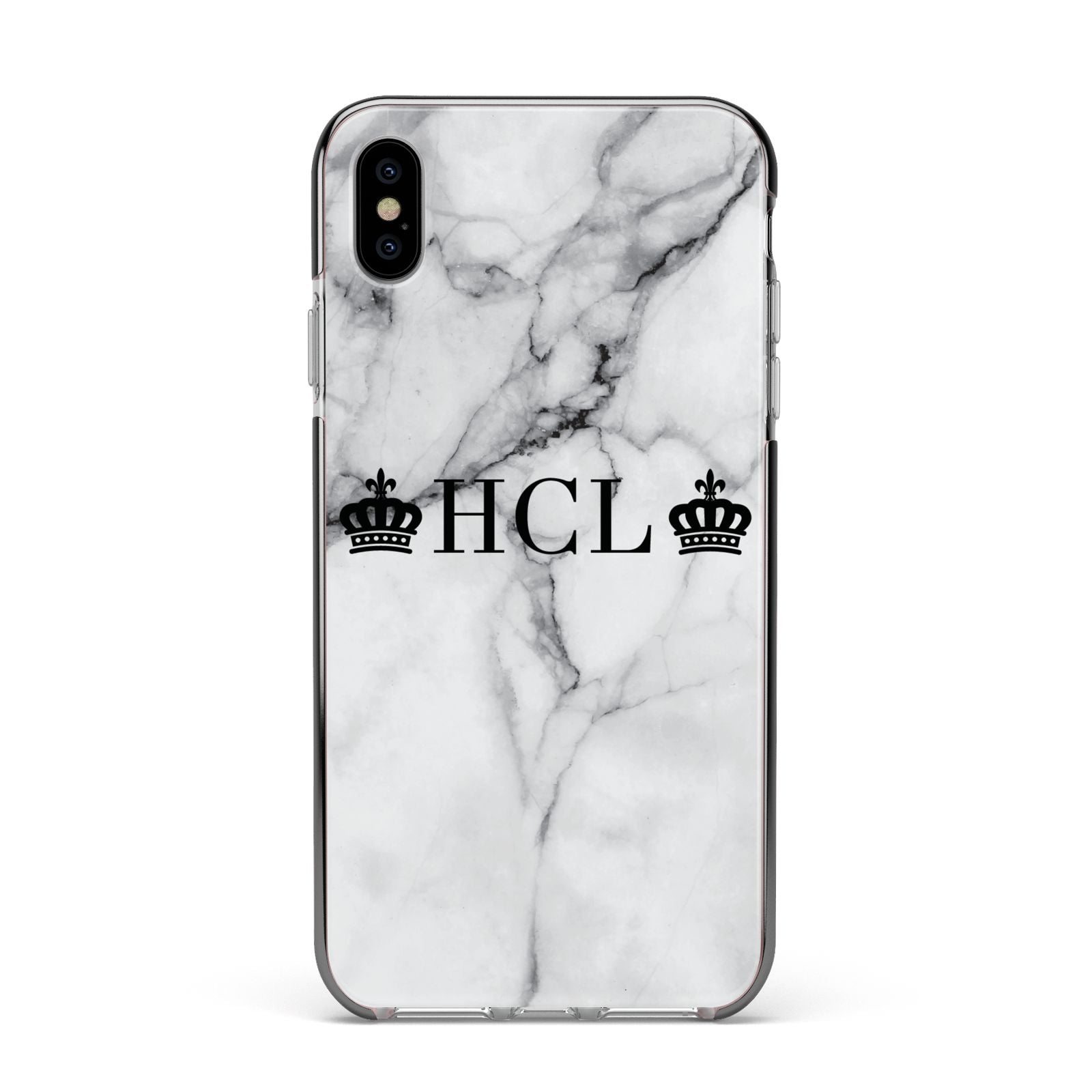 Personalised Crowns Marble Initials Apple iPhone Xs Max Impact Case Black Edge on Silver Phone