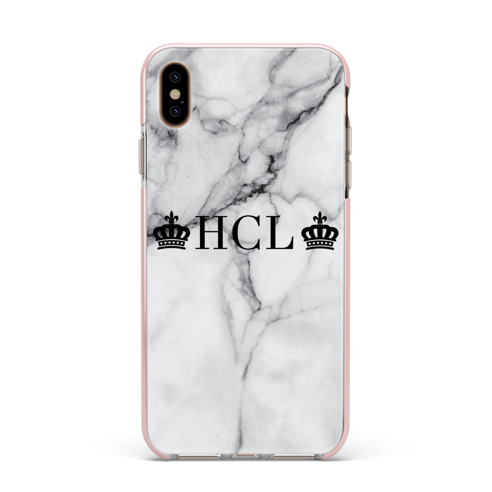 Personalised Crowns Marble Initials Apple iPhone Xs Max Impact Case Pink Edge on Gold Phone