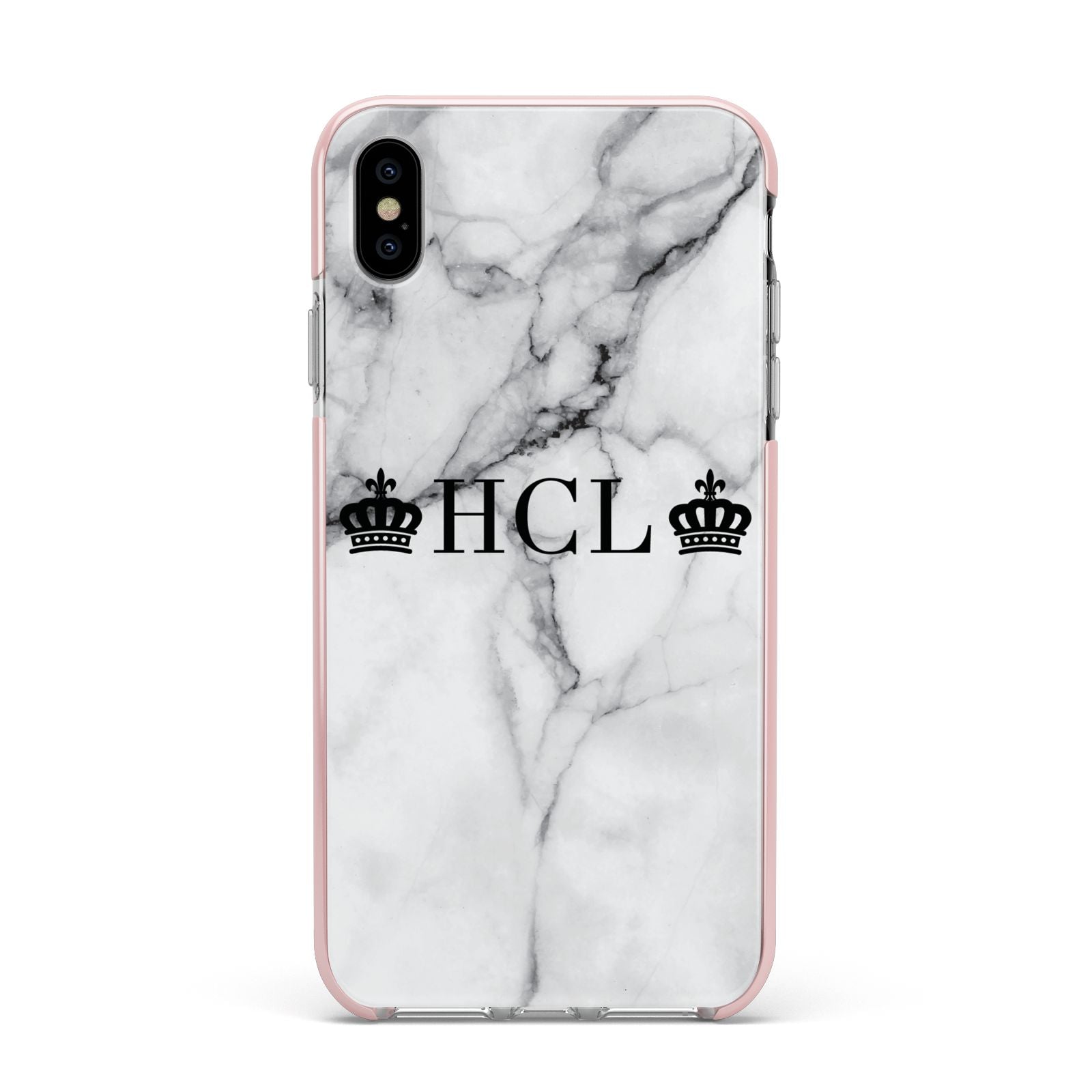 Personalised Crowns Marble Initials Apple iPhone Xs Max Impact Case Pink Edge on Silver Phone