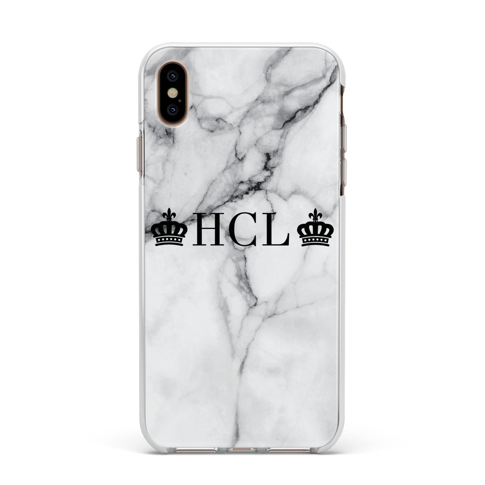 Personalised Crowns Marble Initials Apple iPhone Xs Max Impact Case White Edge on Gold Phone