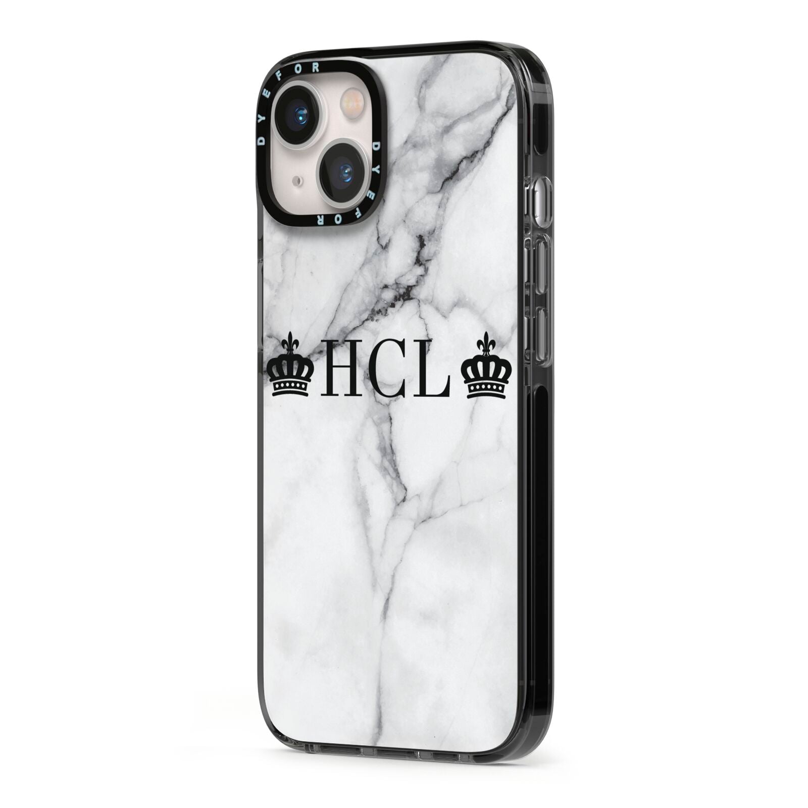 Personalised Crowns Marble Initials iPhone 13 Black Impact Case Side Angle on Silver phone
