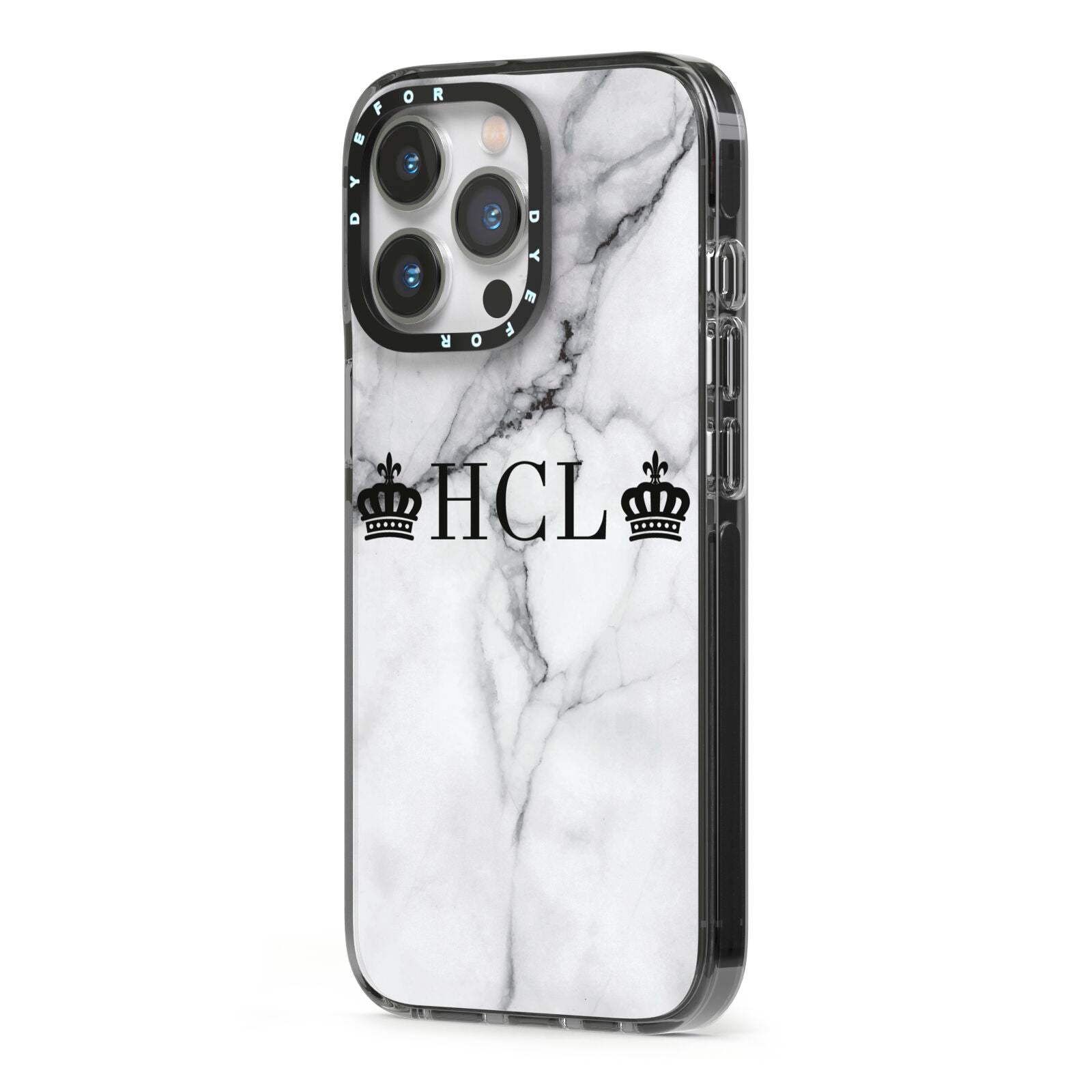 Personalised Crowns Marble Initials iPhone 13 Pro Black Impact Case Side Angle on Silver phone