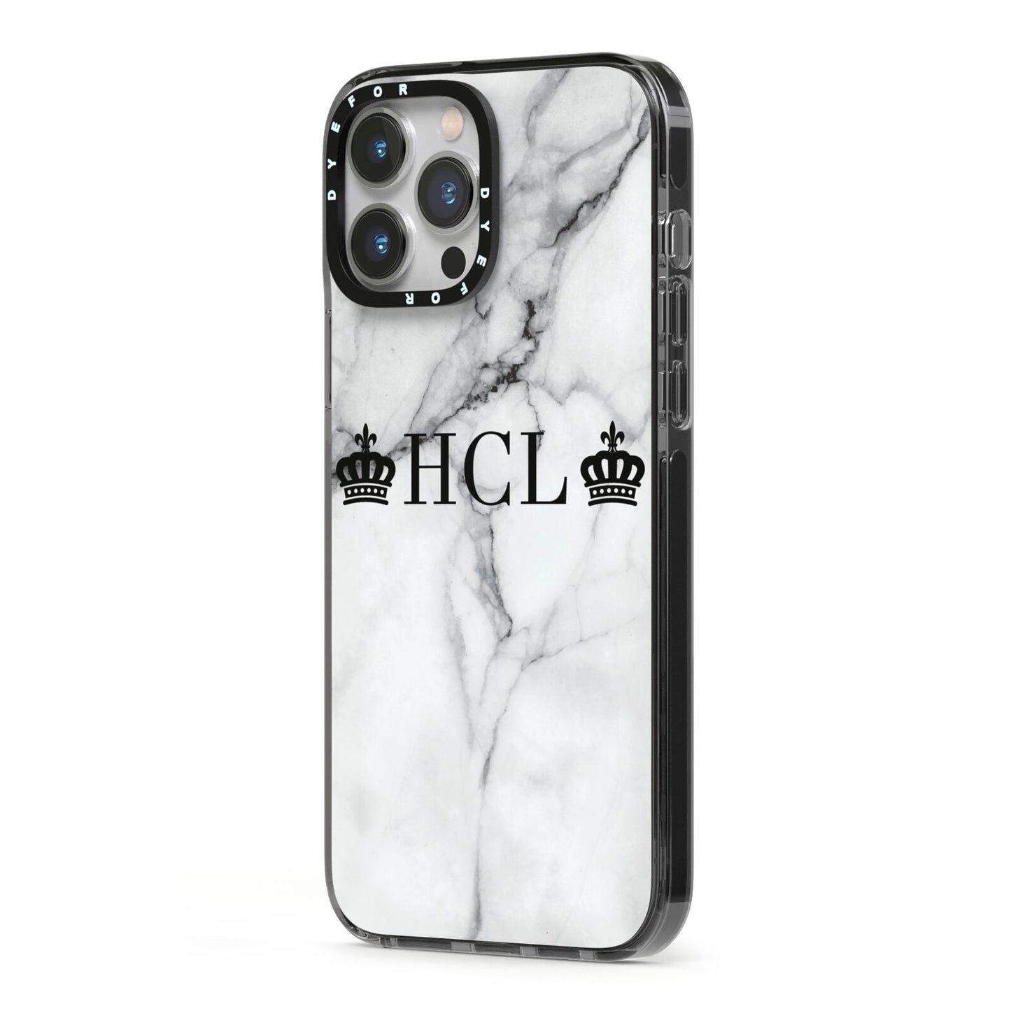 Personalised Crowns Marble Initials iPhone 13 Pro Max Black Impact Case Side Angle on Silver phone