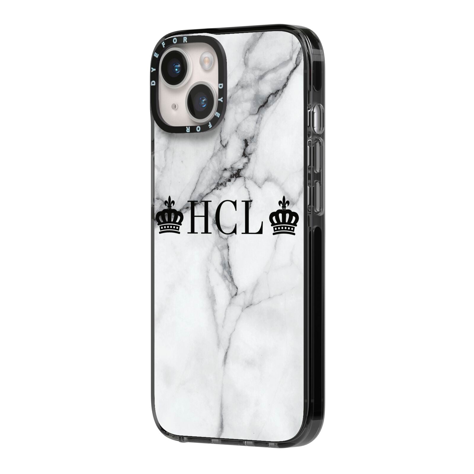 Personalised Crowns Marble Initials iPhone 14 Black Impact Case Side Angle on Silver phone