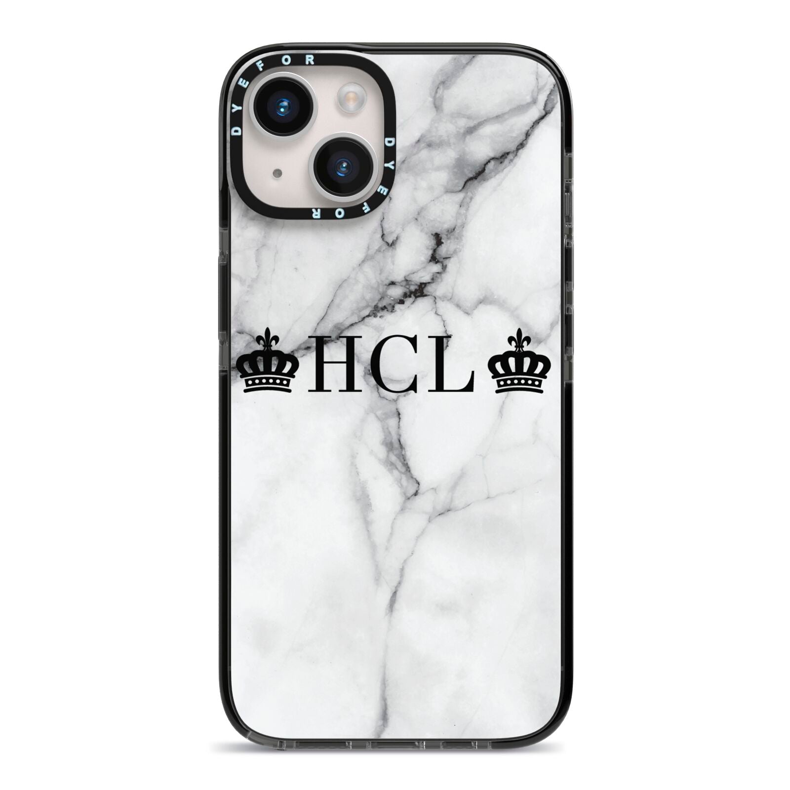 Personalised Crowns Marble Initials iPhone 14 Black Impact Case on Silver phone