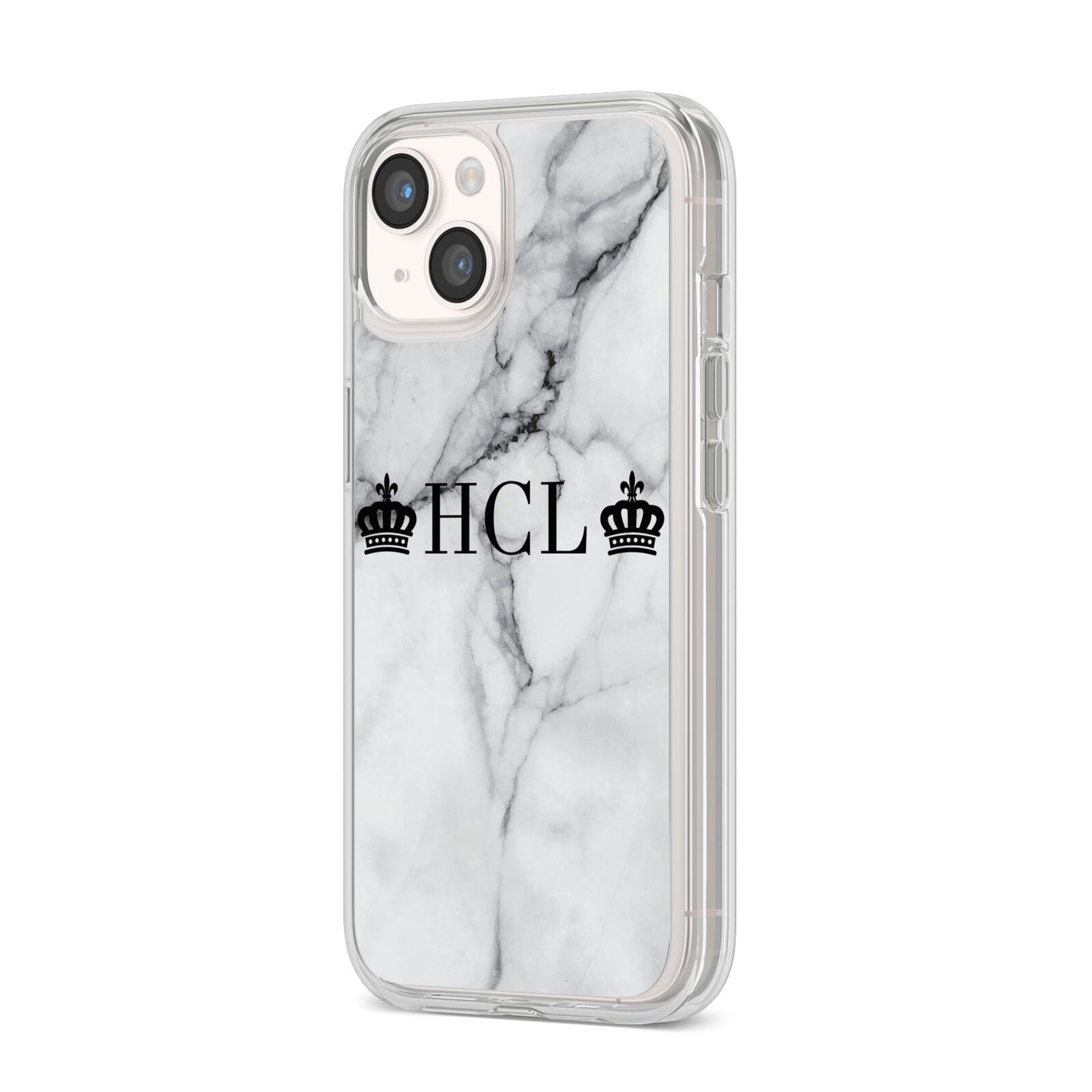 Personalised Crowns Marble Initials iPhone 14 Clear Tough Case Starlight Angled Image
