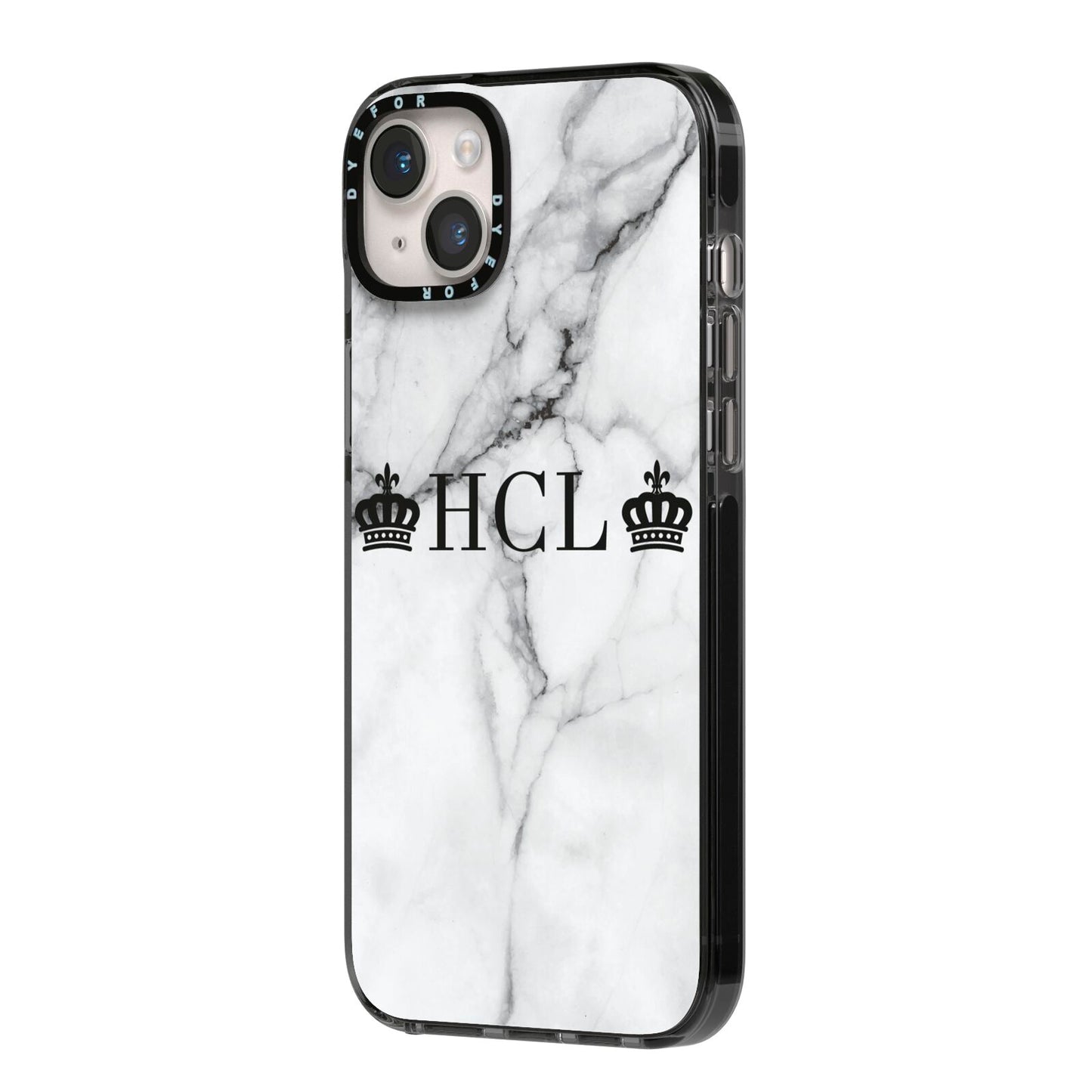 Personalised Crowns Marble Initials iPhone 14 Plus Black Impact Case Side Angle on Silver phone