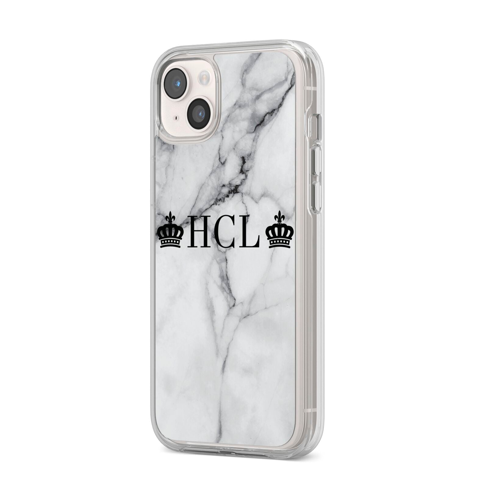 Personalised Crowns Marble Initials iPhone 14 Plus Clear Tough Case Starlight Angled Image