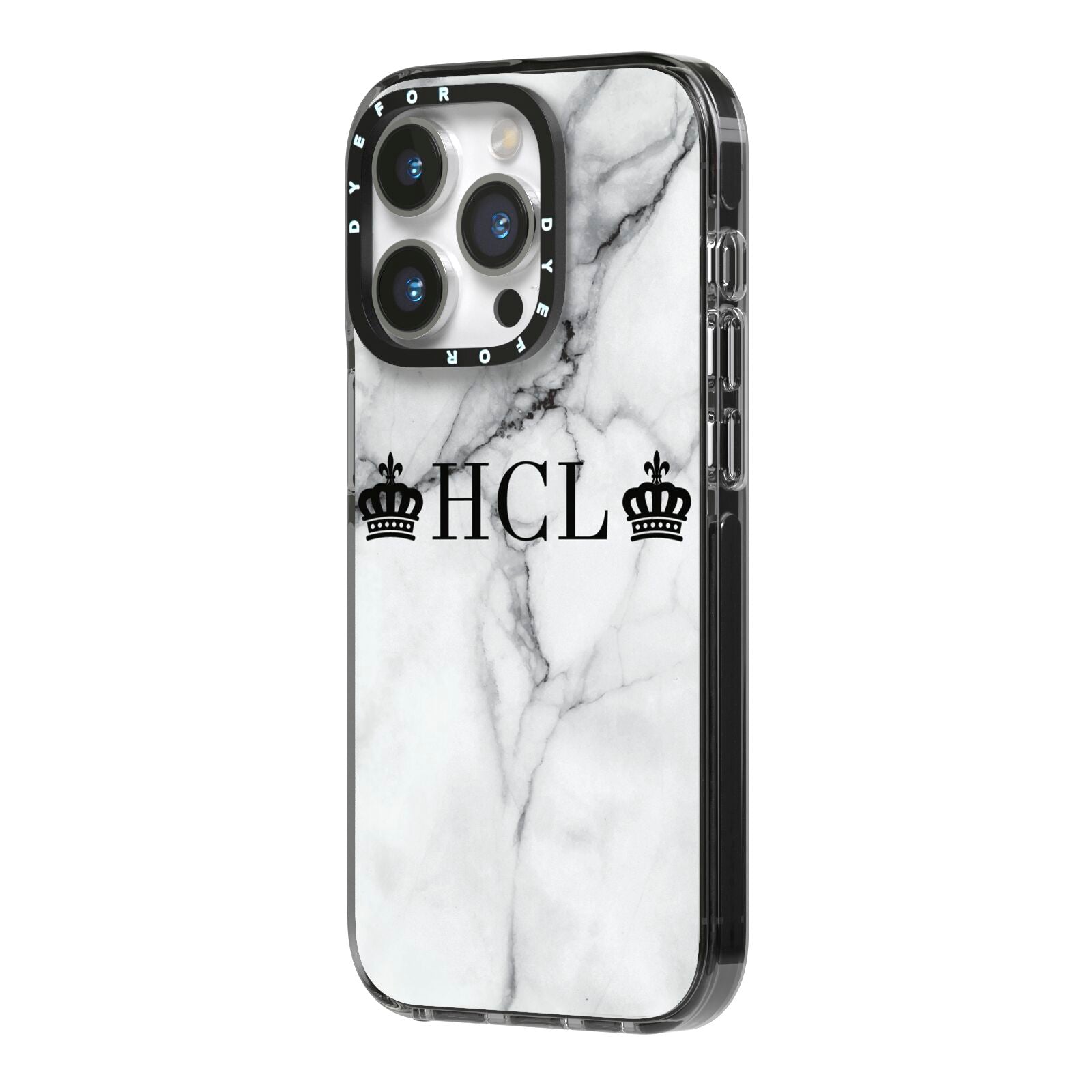 Personalised Crowns Marble Initials iPhone 14 Pro Black Impact Case Side Angle on Silver phone