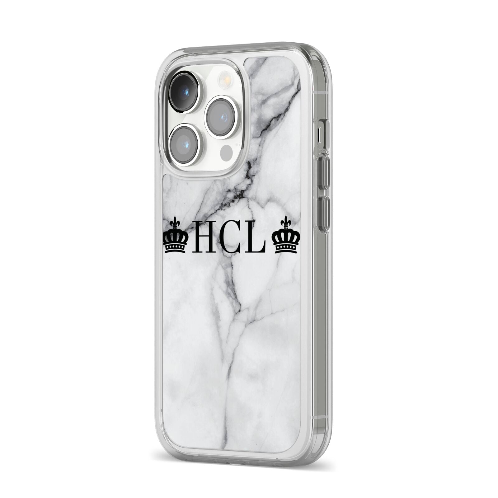 Personalised Crowns Marble Initials iPhone 14 Pro Clear Tough Case Silver Angled Image