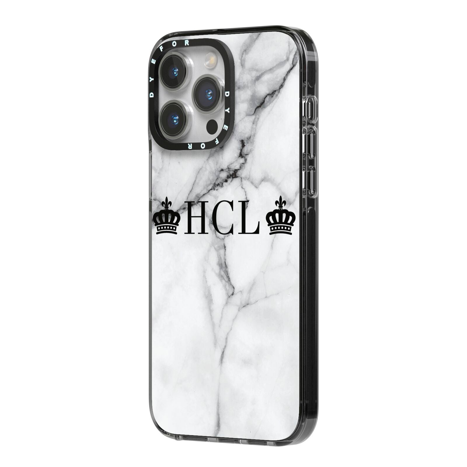 Personalised Crowns Marble Initials iPhone 14 Pro Max Black Impact Case Side Angle on Silver phone
