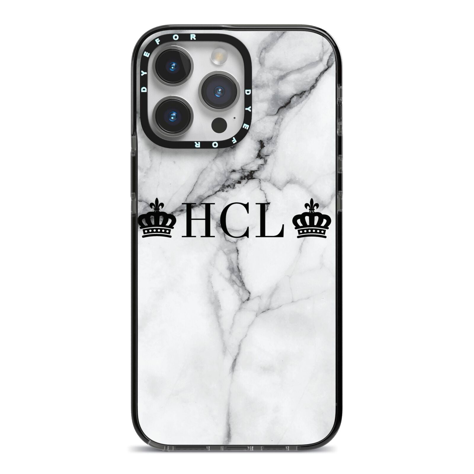 Personalised Crowns Marble Initials iPhone 14 Pro Max Black Impact Case on Silver phone