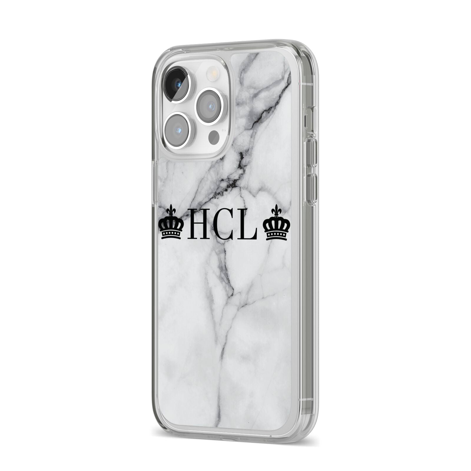 Personalised Crowns Marble Initials iPhone 14 Pro Max Clear Tough Case Silver Angled Image
