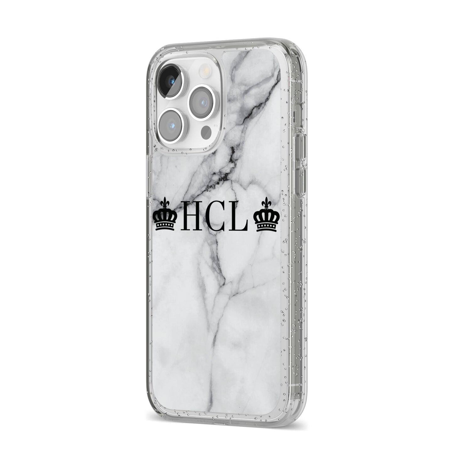 Personalised Crowns Marble Initials iPhone 14 Pro Max Glitter Tough Case Silver Angled Image