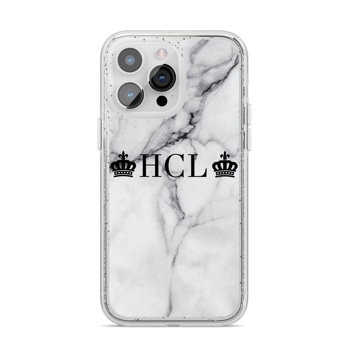 Personalised Crowns Marble Initials iPhone 14 Pro Max Glitter Tough Case Silver