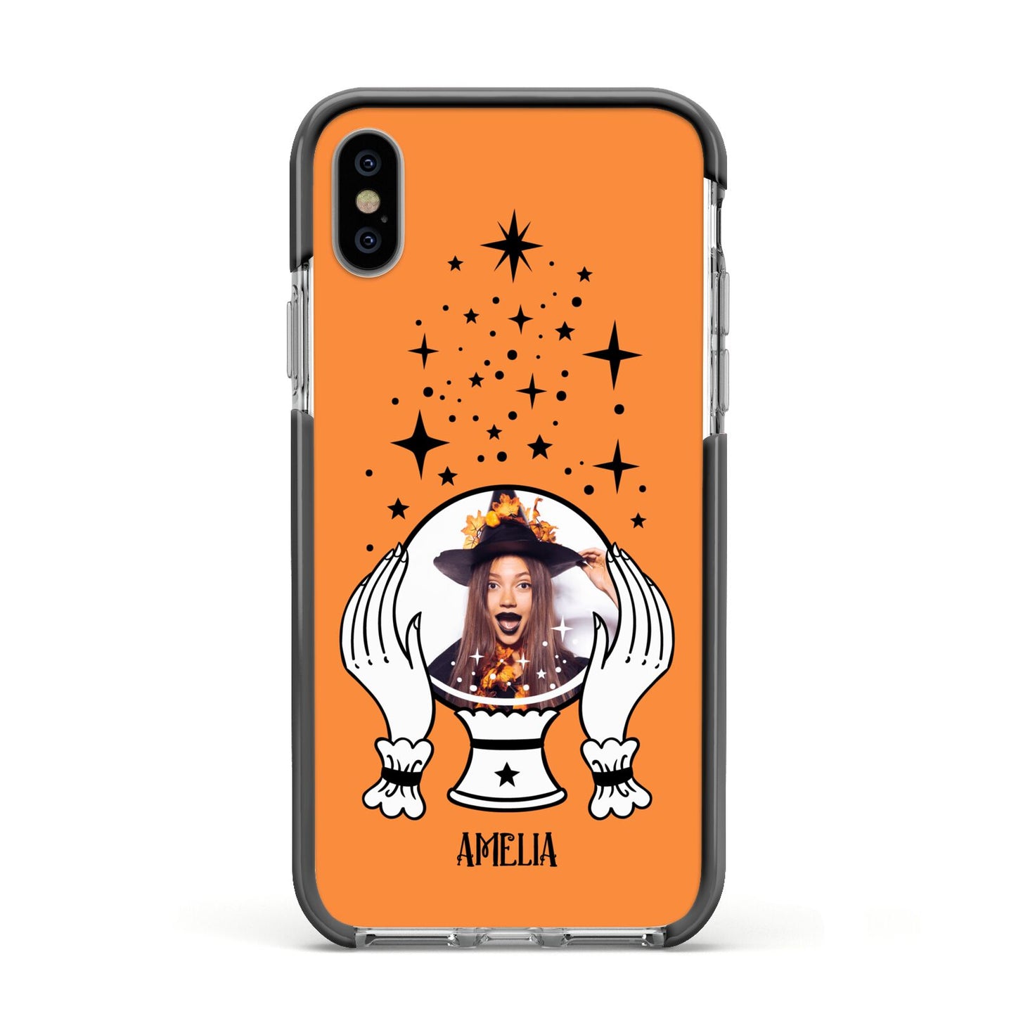 Personalised Crystal Ball with Photo Apple iPhone Xs Impact Case Black Edge on Silver Phone