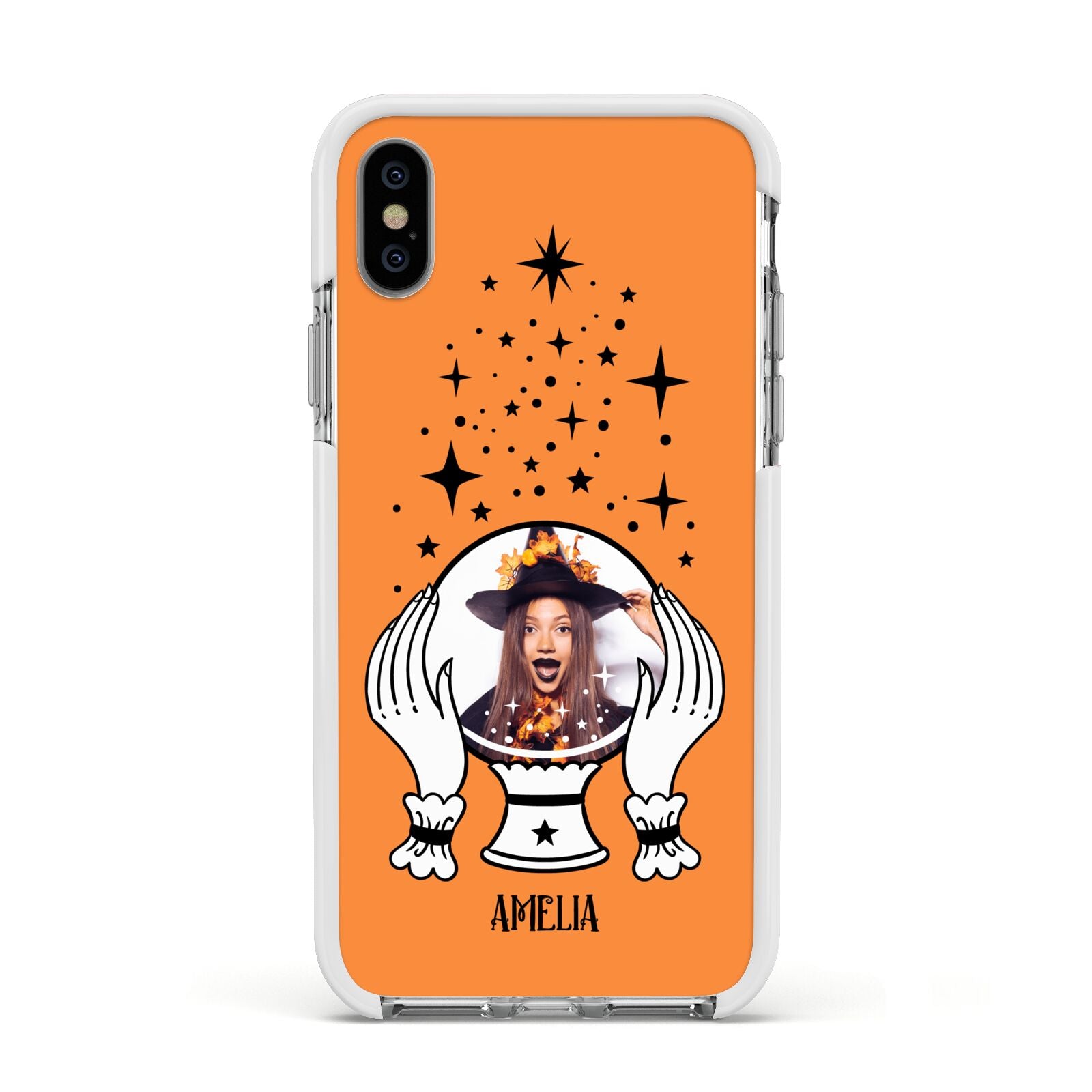 Personalised Crystal Ball with Photo Apple iPhone Xs Impact Case White Edge on Silver Phone