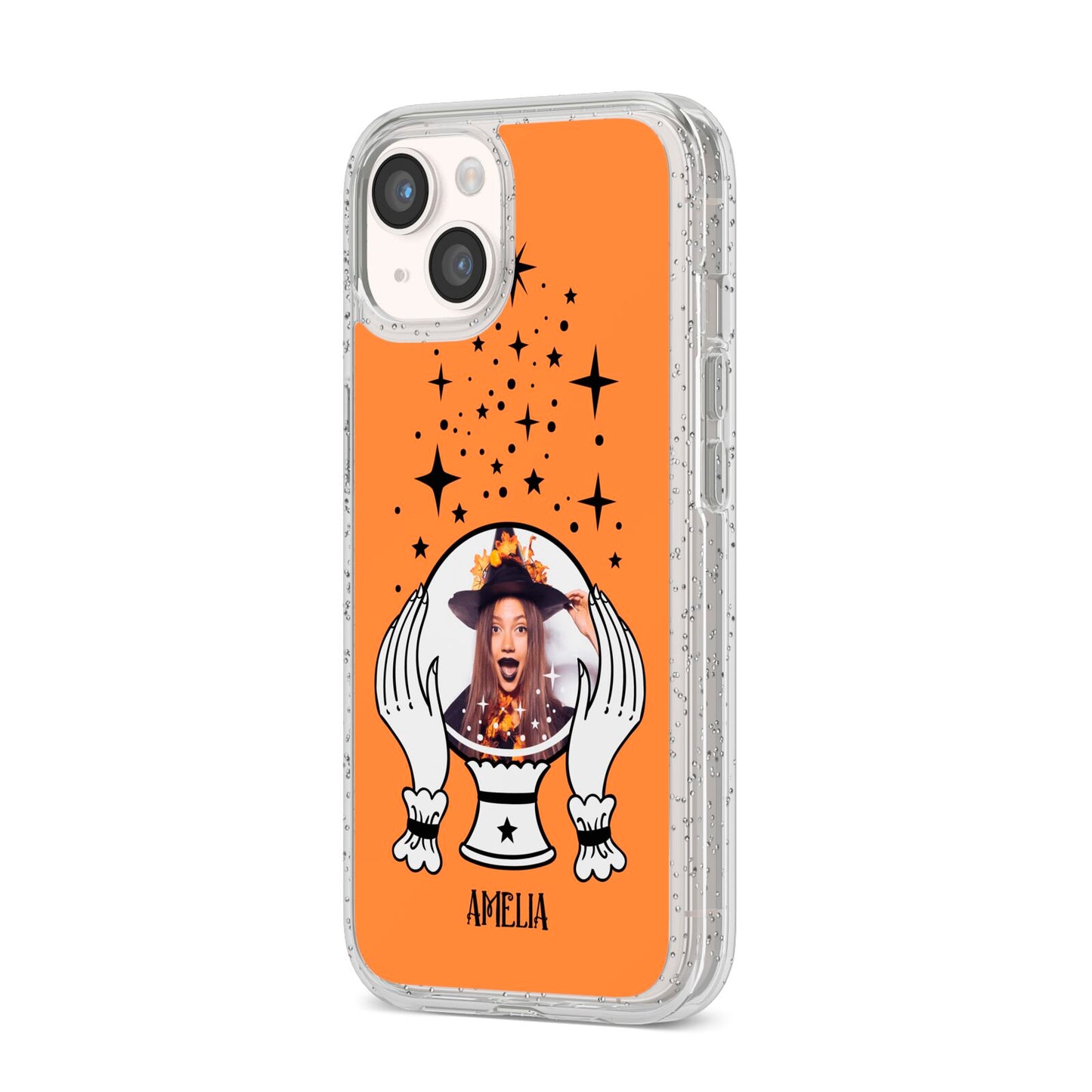 Personalised Crystal Ball with Photo iPhone 14 Glitter Tough Case Starlight Angled Image
