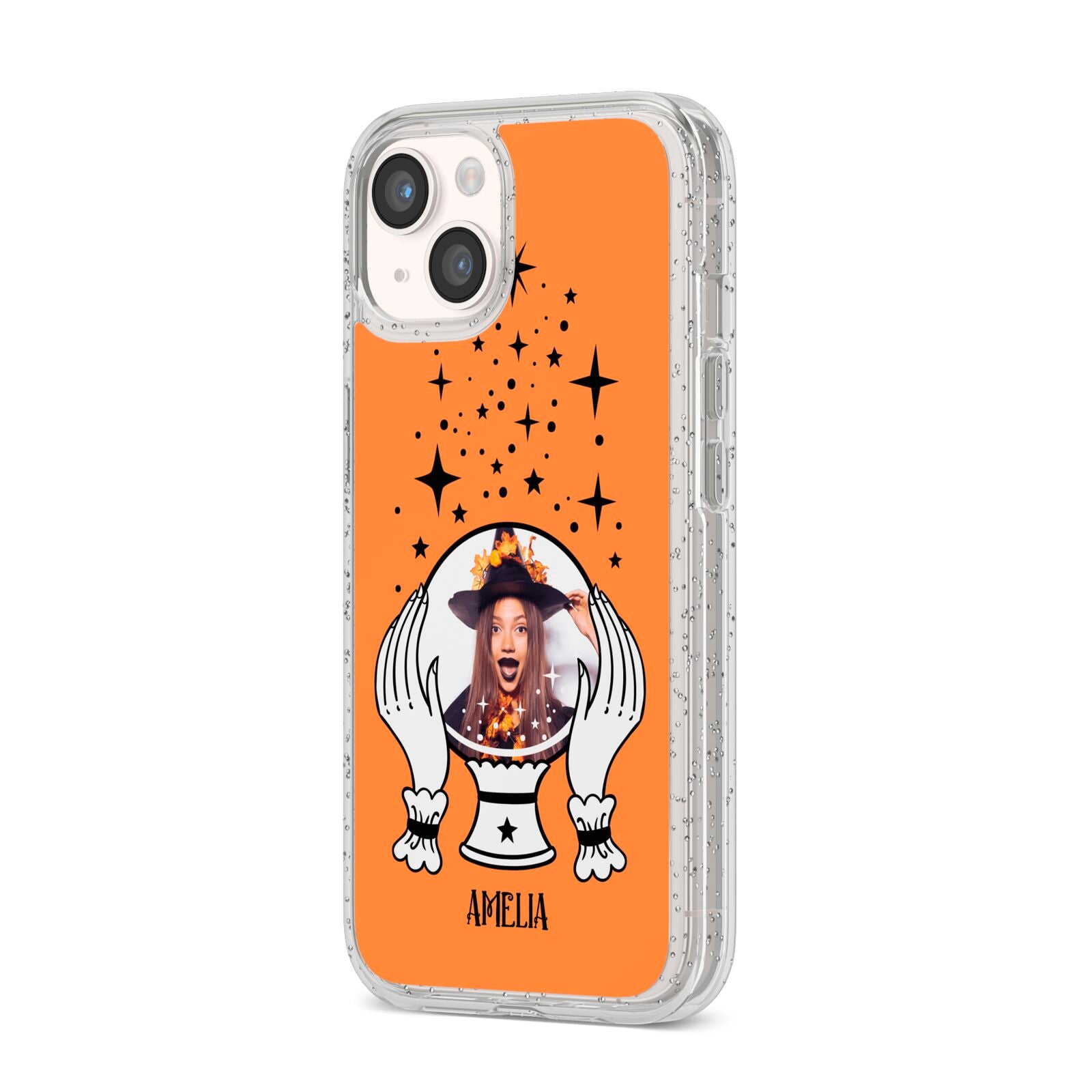 Personalised Crystal Ball with Photo iPhone 14 Glitter Tough Case Starlight Angled Image